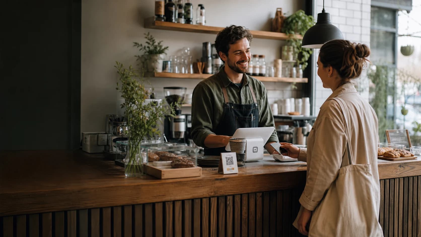 Un commerçant accueille une cliente dans un café de quartier équipé d’Echo